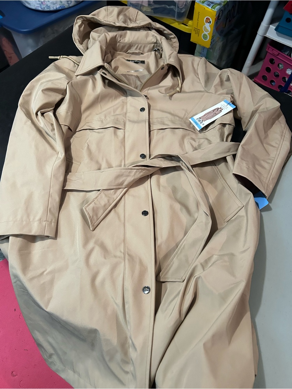 DKNY Beige size, large with her Hooded Trench Coat with Belt